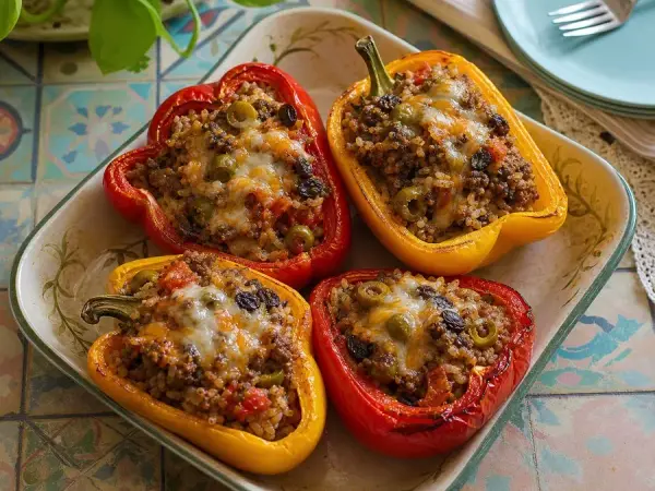 Roasted bell peppers stuffed with Cuban-style beef picadillo