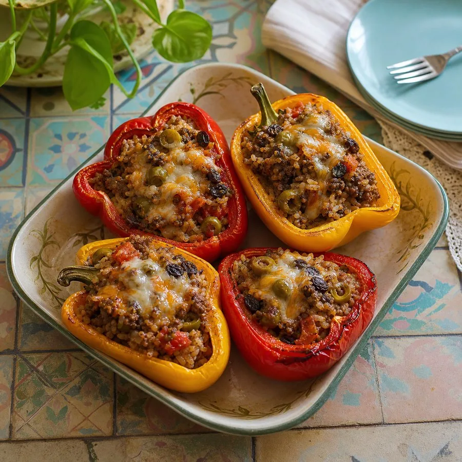 Roasted bell peppers stuffed with Cuban-style beef picadillo