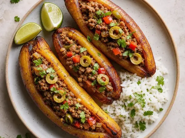 Cuban Picadillo Stuffed Plantains, finished dish
