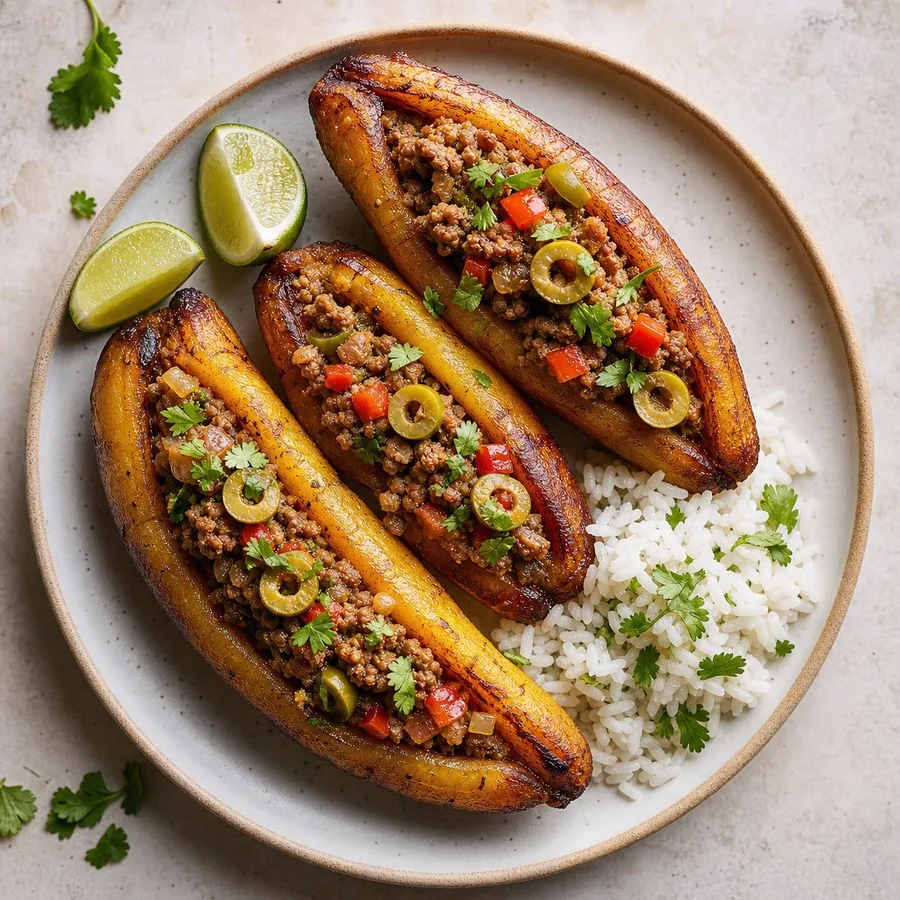 Cuban Picadillo Stuffed Plantains, finished dish