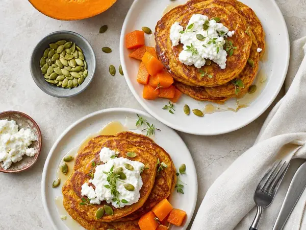 Curacao Pumpkin Pancakes with Goat Cheese, finished dish