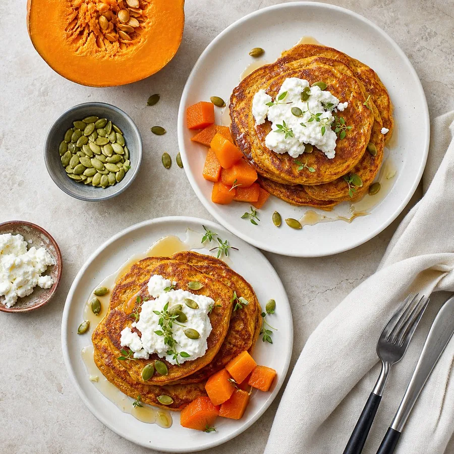 Curacao Pumpkin Pancakes with Goat Cheese, finished dish