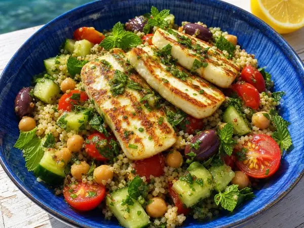 Cypriot Halloumi Grain Bowls with Lemon Herbs, finished dish