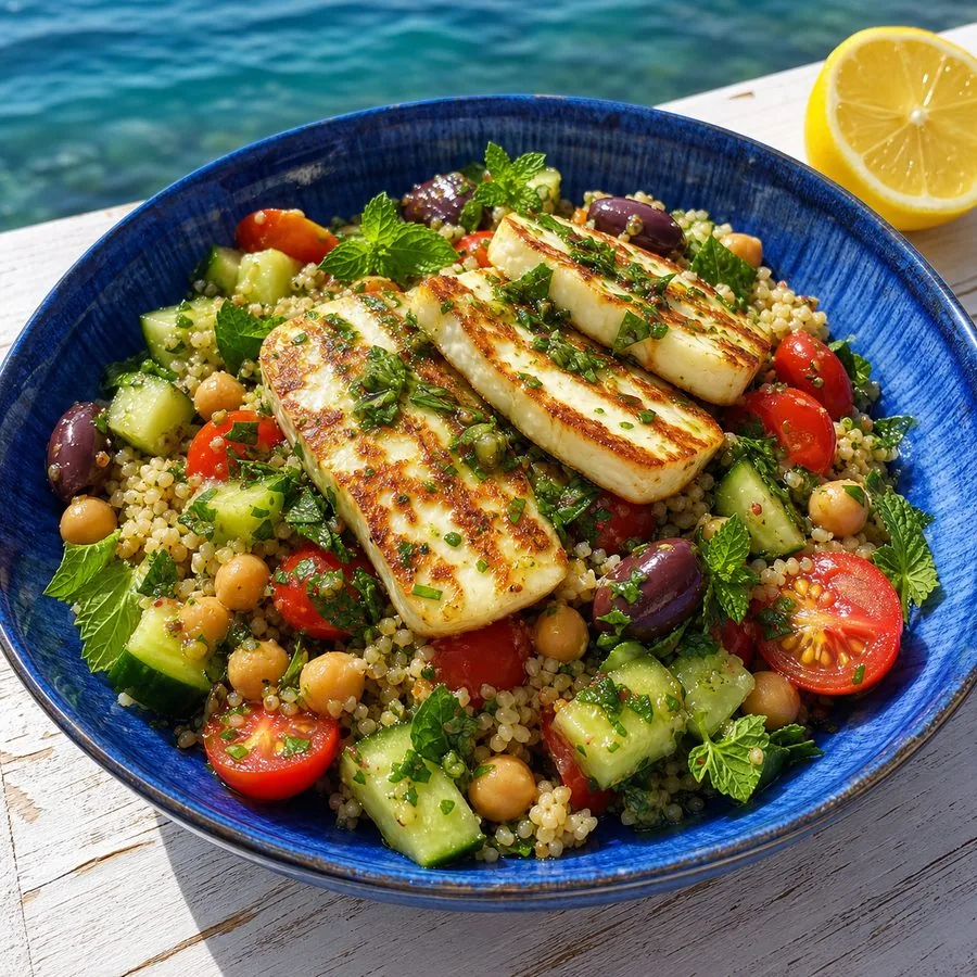 Cypriot Halloumi Grain Bowls with Lemon Herbs, finished dish