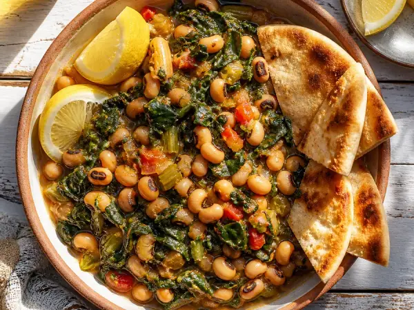 Cypriot black-eyed peas with chard, tomato and lemon