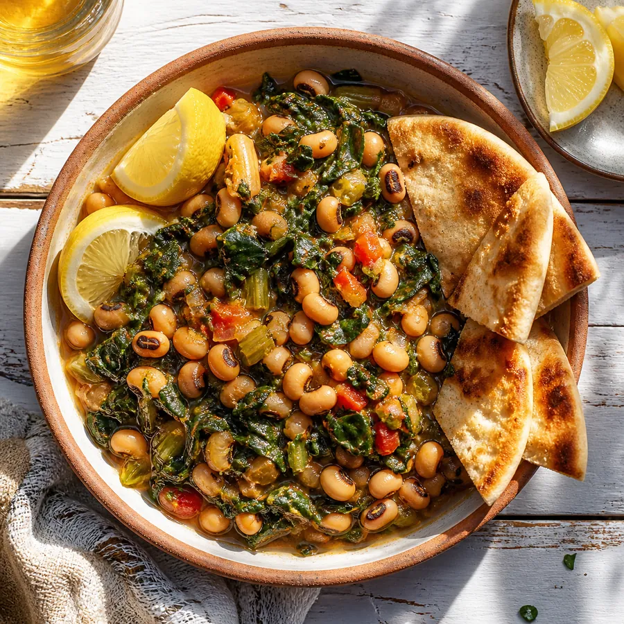 Cypriot black-eyed peas with chard, tomato and lemon