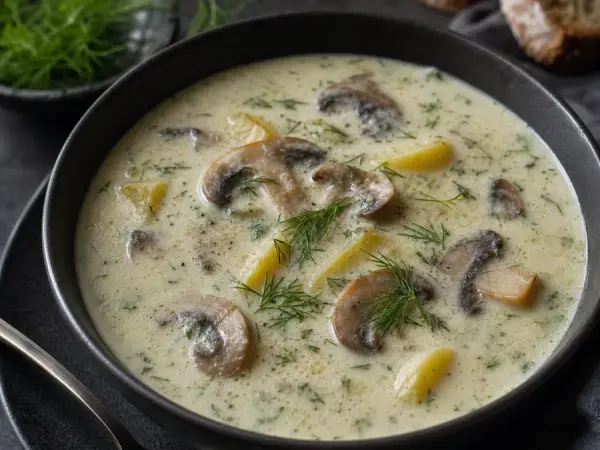 Czech Kulajda Mushroom Dill Soup, finished dish