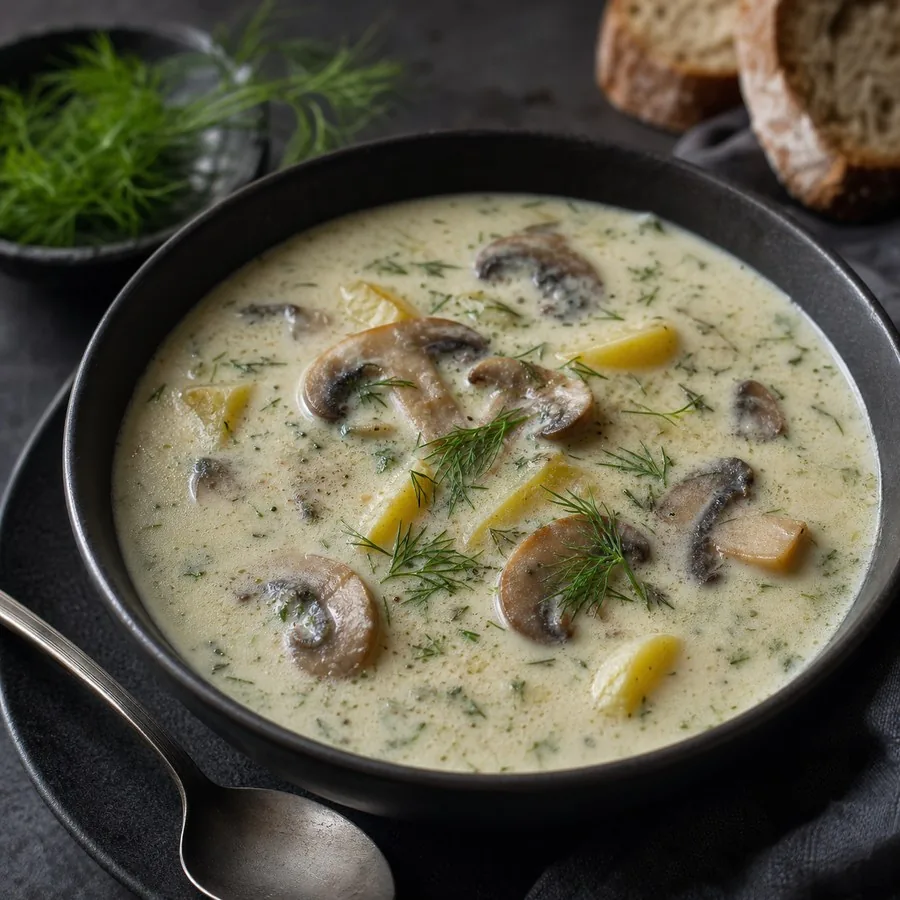 Czech Kulajda Mushroom Dill Soup, finished dish