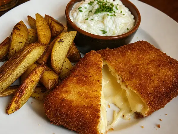 Breaded fried cheese with potato wedges and cabbage salad