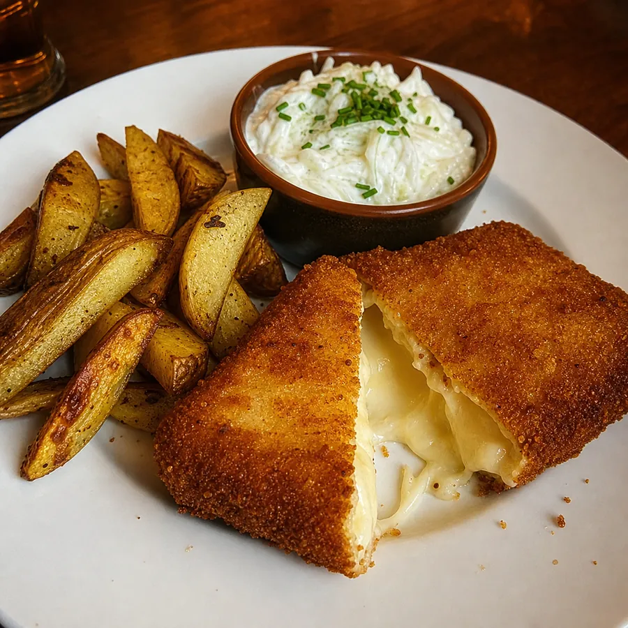 Breaded fried cheese with potato wedges and cabbage salad