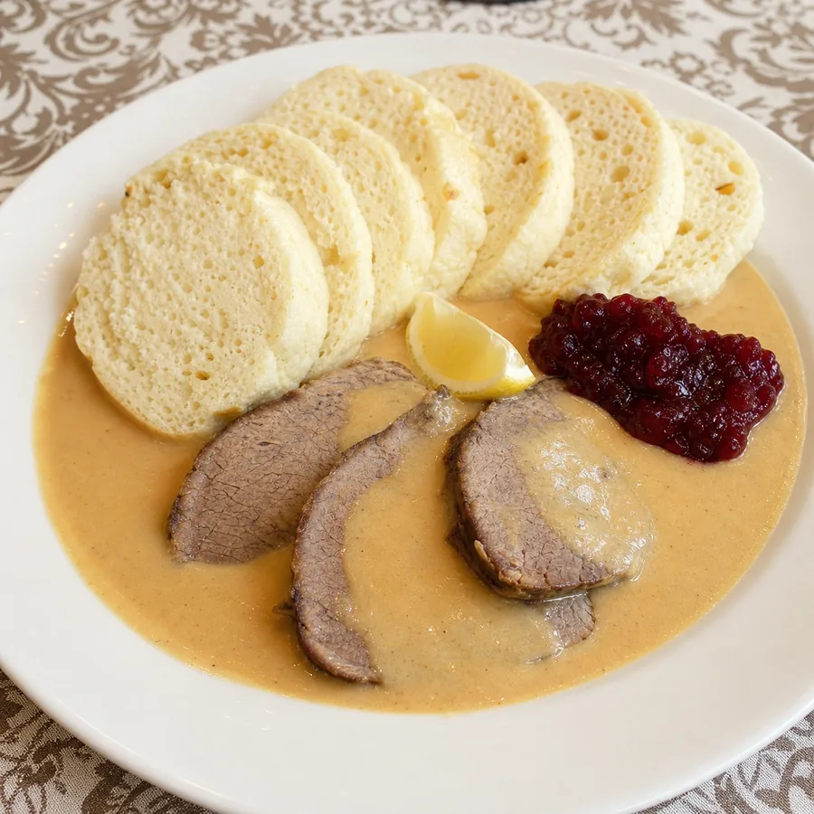 Czech Svíčková-Inspired Beef with Cream Sauce, finished dish