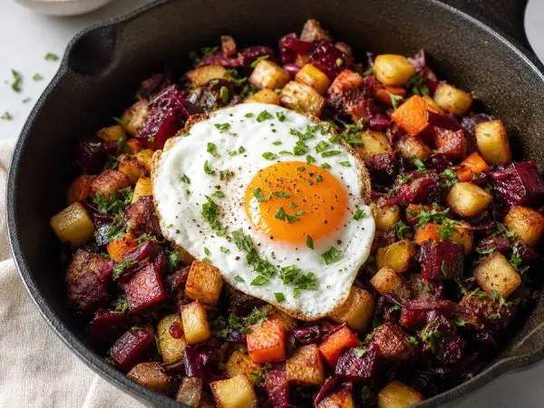 Danish Biksemad Root Vegetable Egg Skillet, plated and ready to serve