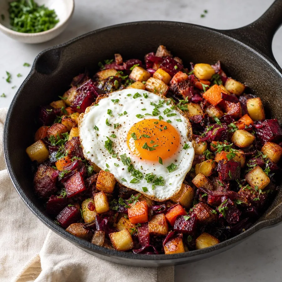 Danish Biksemad Root Vegetable Egg Skillet, plated and ready to serve