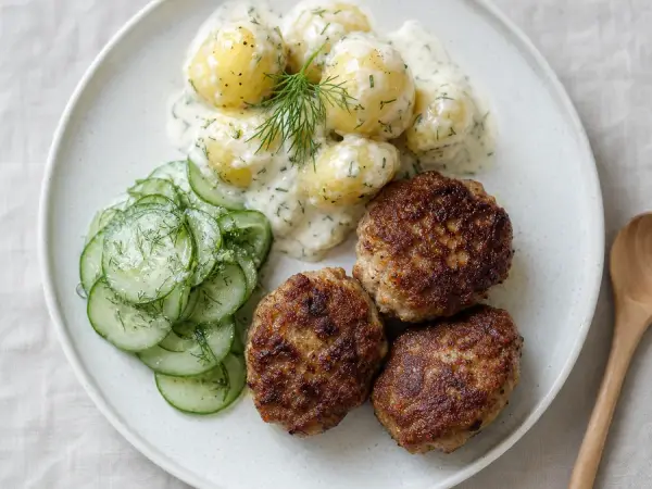Danish Frikadeller with Cucumber Salad, finished dish