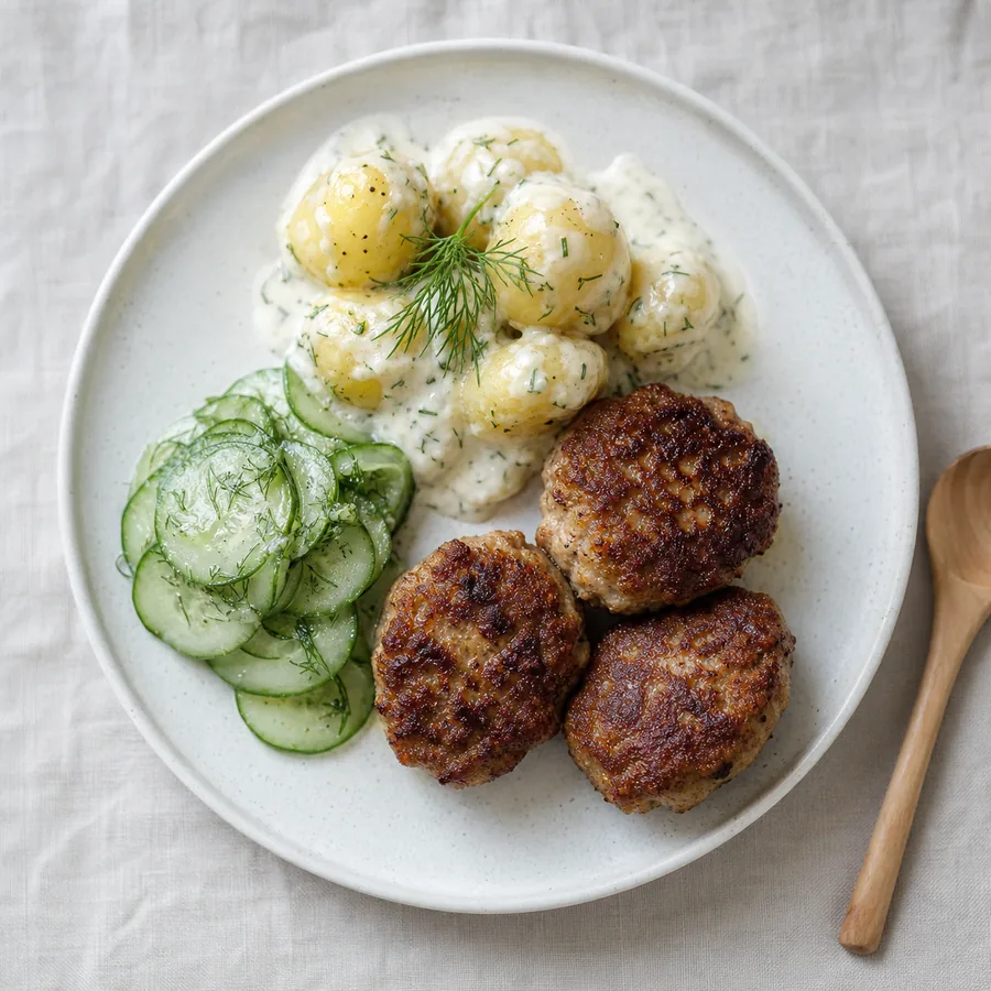 Danish Frikadeller with Cucumber Salad, finished dish