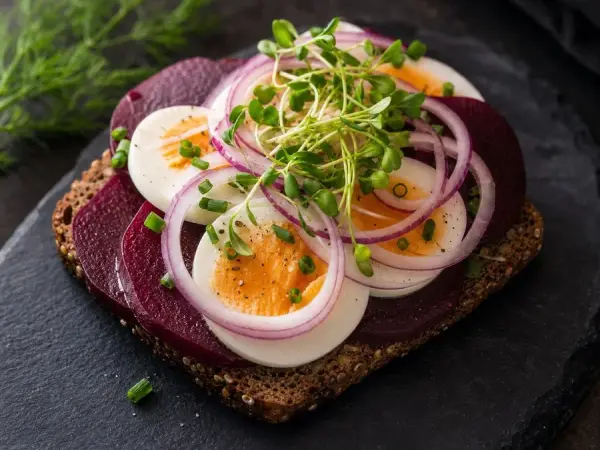 Danish Smørrebrød Beetroot Egg Open Sandwich, finished dish