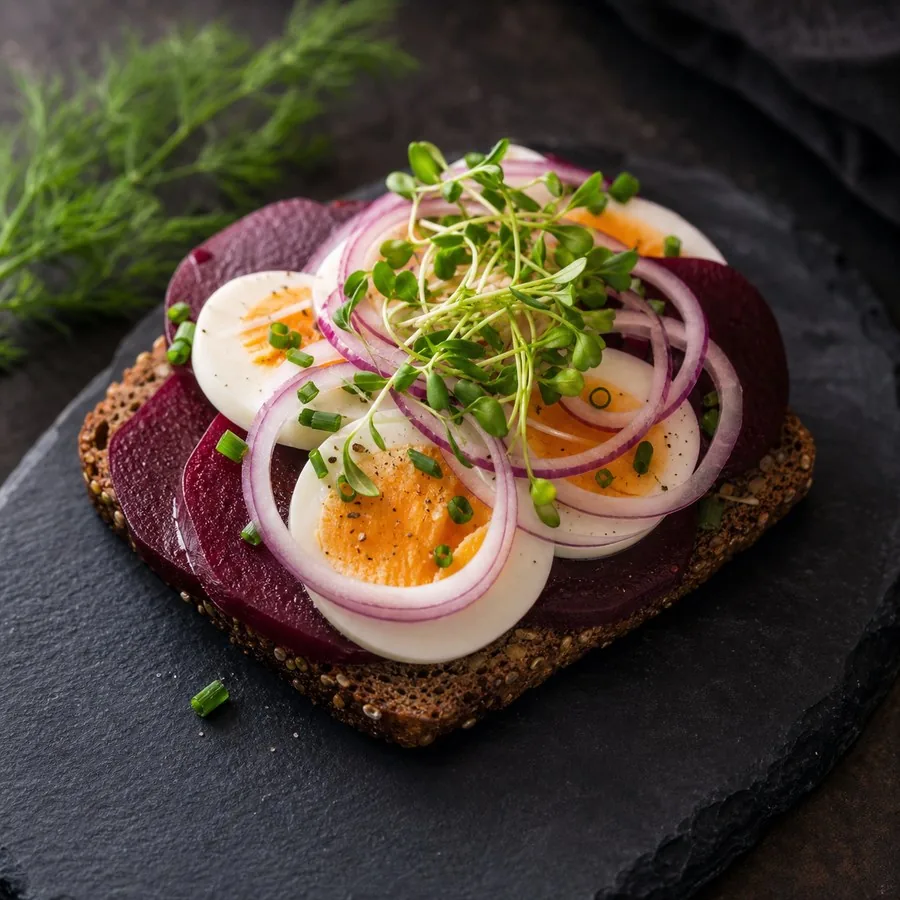 Danish Smørrebrød Beetroot Egg Open Sandwich, finished dish