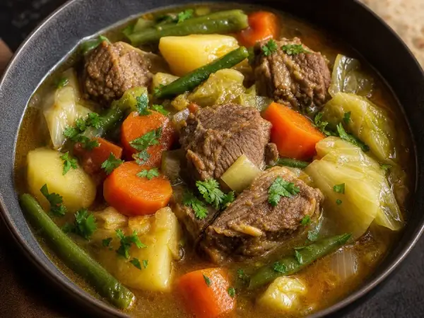 Djiboutian Fah Fah Lamb Vegetable Soup, plated as a finished dinner