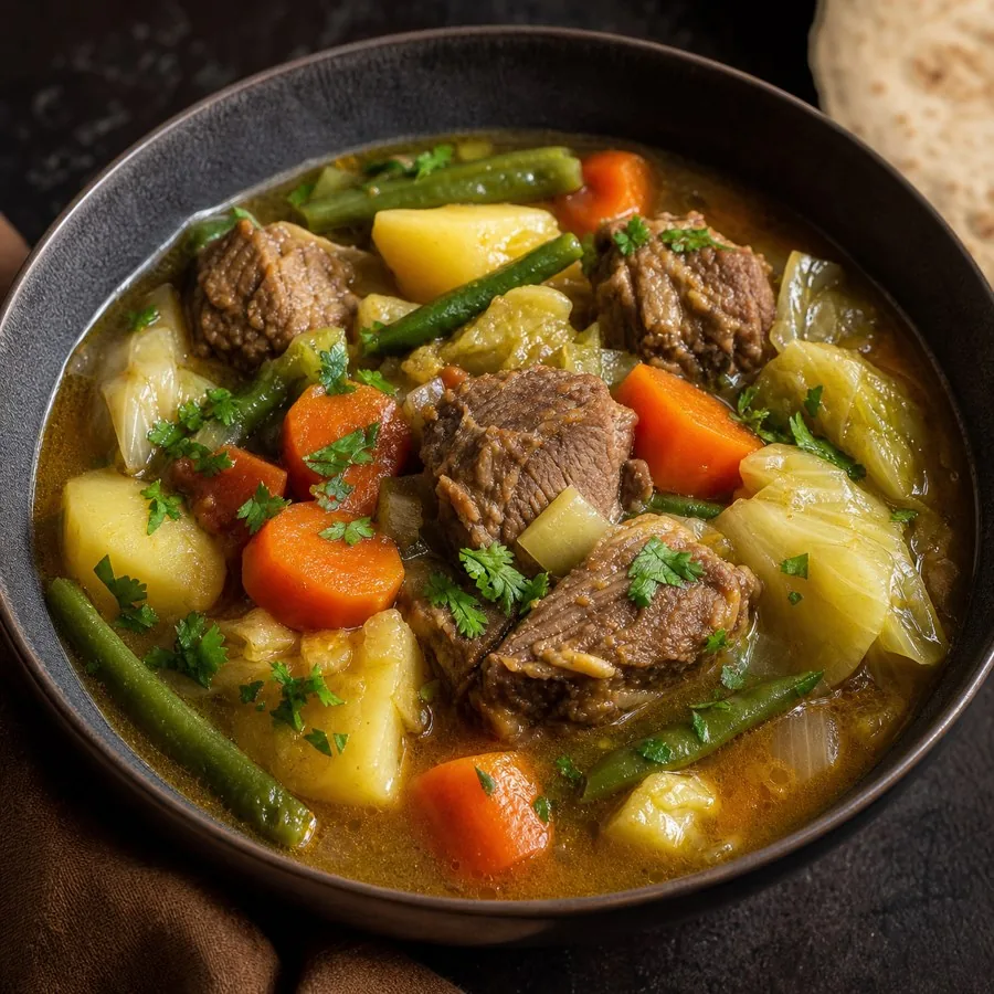 Djiboutian Fah Fah Lamb Vegetable Soup, plated as a finished dinner