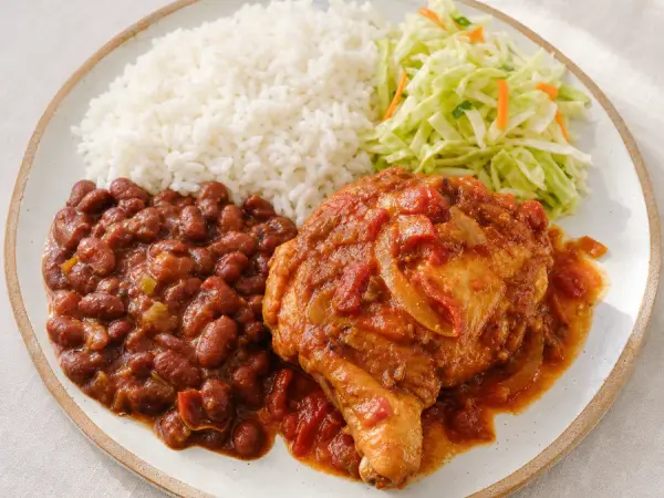 Dominican-style chicken with red beans, white rice and cilantro