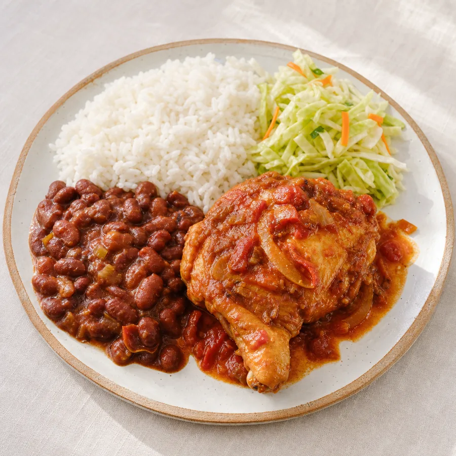 Dominican-style chicken with red beans, white rice and cilantro