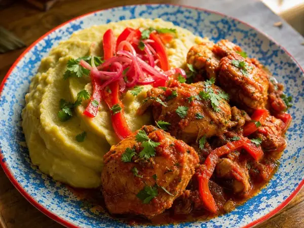 Mashed green plantains with tomato-braised chicken and red onions