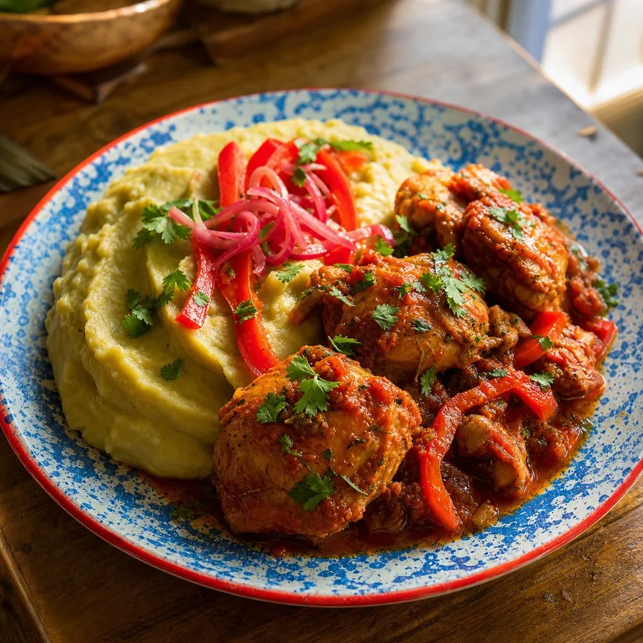Mashed green plantains with tomato-braised chicken and red onions
