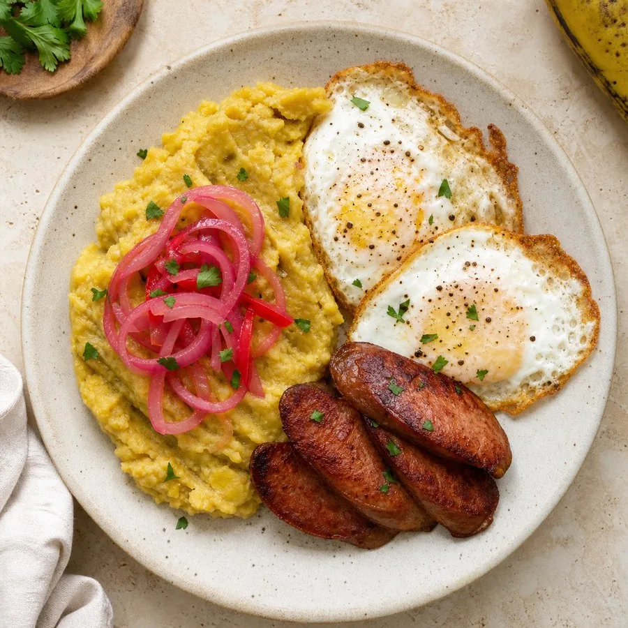 Dominican Mangu with Eggs and Pickled Onion, finished dish