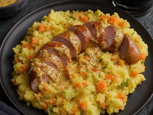 Dutch Hutspot with Mustard Sausage, finished dish