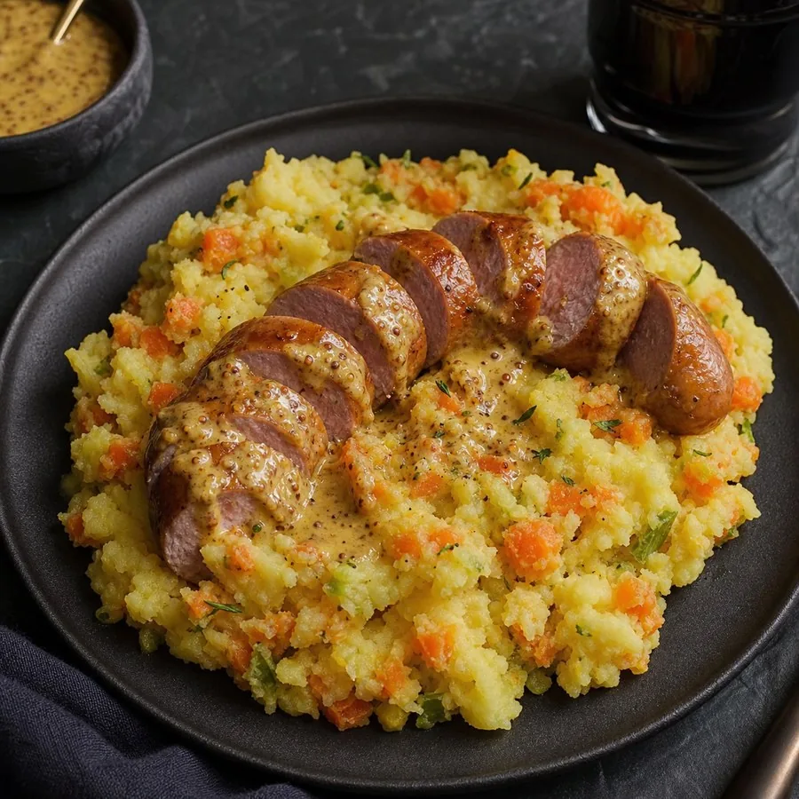 Dutch Hutspot with Mustard Sausage, finished dish