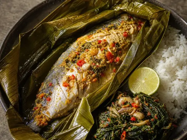 East Timorese Ikan Pepes Banana Leaf Fish, original finished dish food photograph