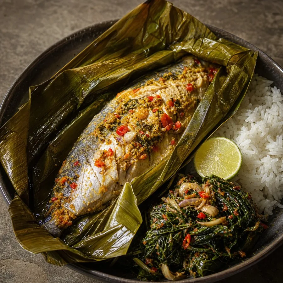 East Timorese Ikan Pepes Banana Leaf Fish, original finished dish food photograph