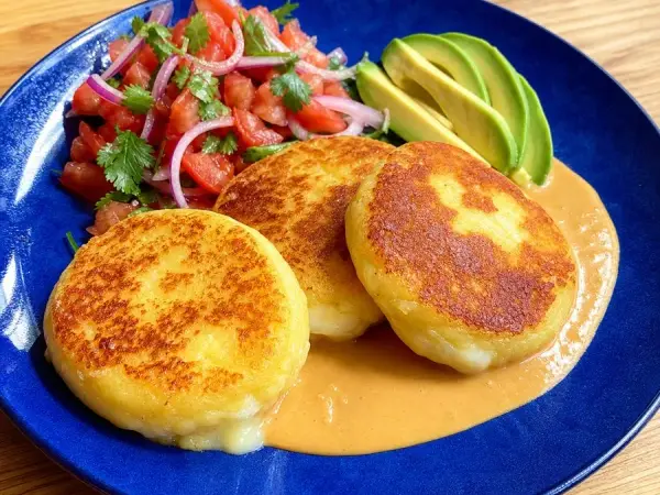 Golden potato cakes with peanut sauce, avocado and tomato salad