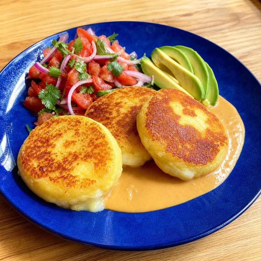 Golden potato cakes with peanut sauce, avocado and tomato salad
