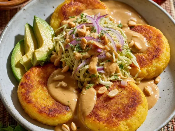 Ecuadorian Llapingachos with Peanut Sauce, finished dish