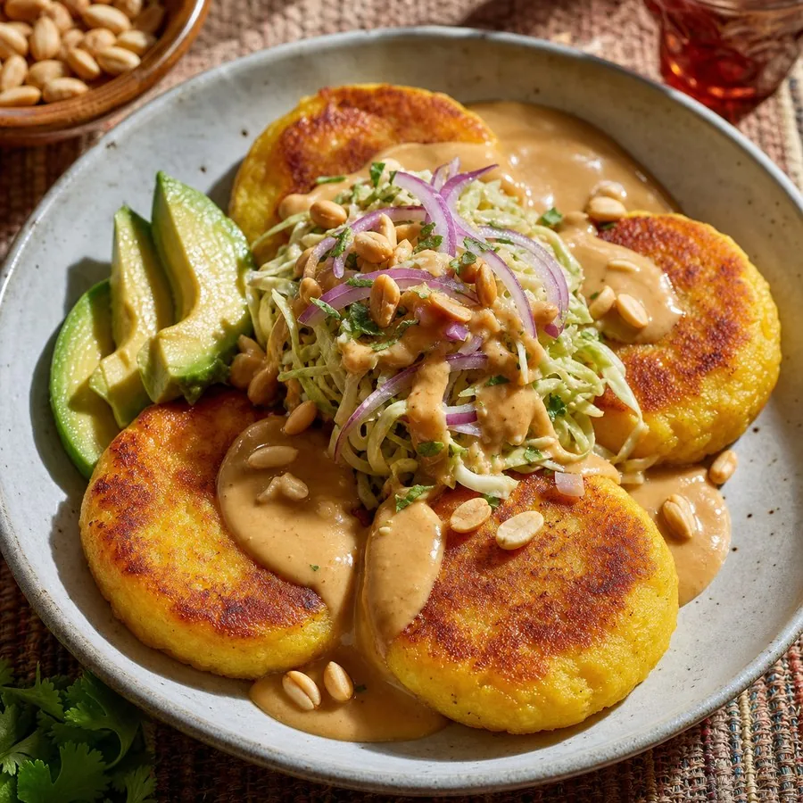 Ecuadorian Llapingachos with Peanut Sauce, finished dish
