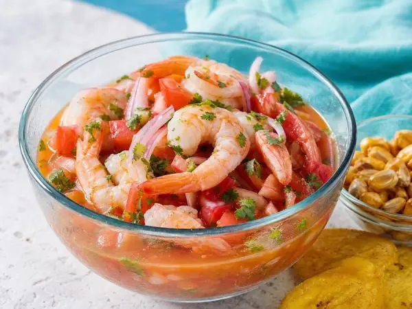 Ecuadorian Shrimp Ceviche with Toasted Corn, finished dish