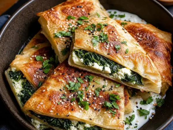 Egyptian Feteer Spinach Cheese Folds, plated as a finished dinner