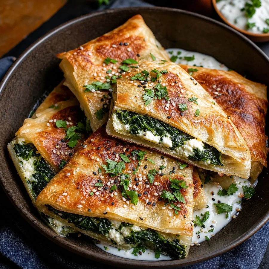 Egyptian Feteer Spinach Cheese Folds, plated as a finished dinner