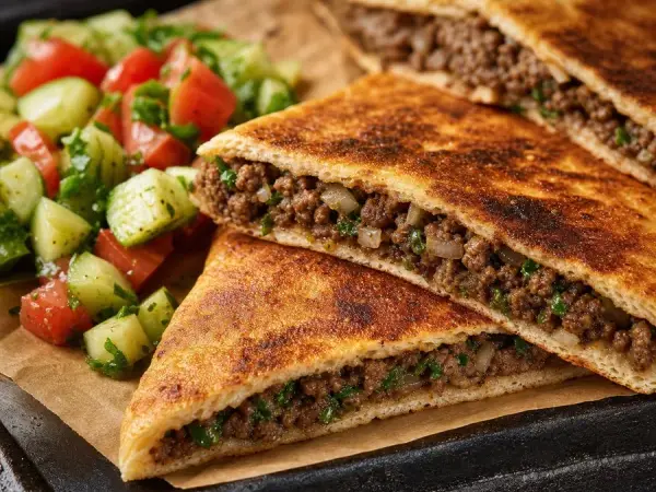 Egyptian Hawawshi-inspired beef pita cut into crisp wedges