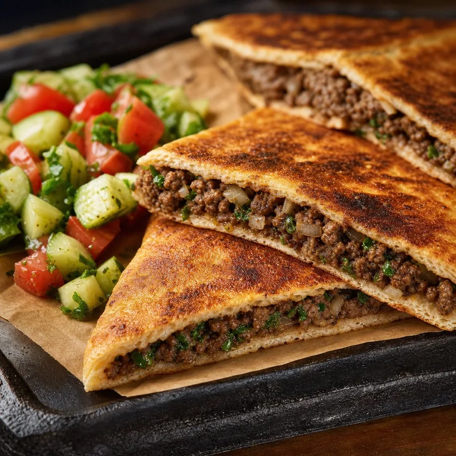 Egyptian Hawawshi-inspired beef pita cut into crisp wedges