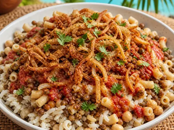Egyptian Koshari Express with Crispy Onions, plated as a finished dinner
