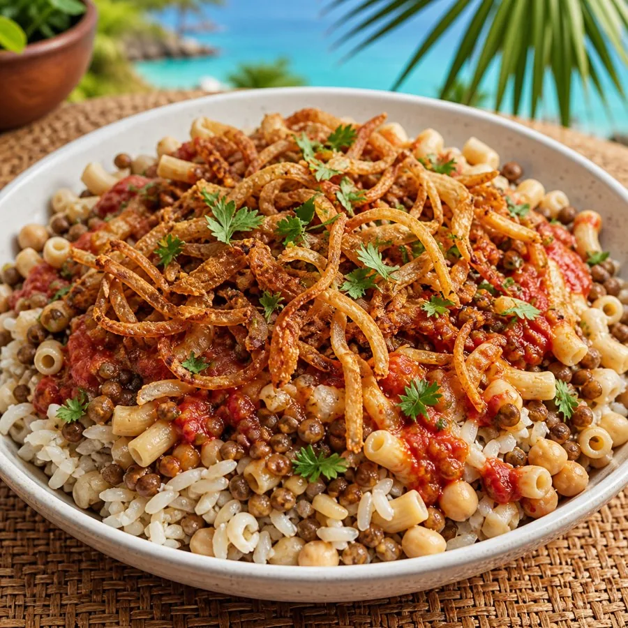 Egyptian Koshari Express with Crispy Onions, plated as a finished dinner