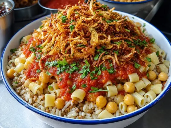 Egyptian Koshari with Crispy Onions, finished dish