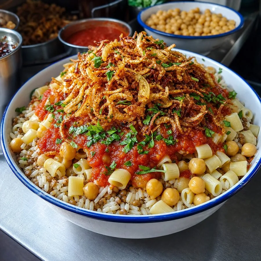Egyptian Koshari with Crispy Onions, finished dish
