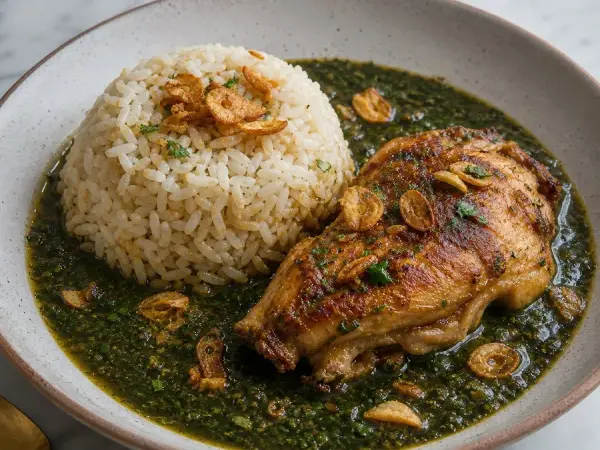 Egyptian Molokhia Chicken with rice and crisp garlic