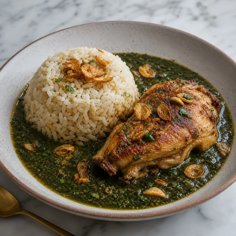 Egyptian Molokhia Chicken with rice and crisp garlic