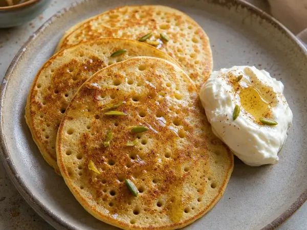 Emirati Chebab Cardamom Pancakes with Labneh, finished dish