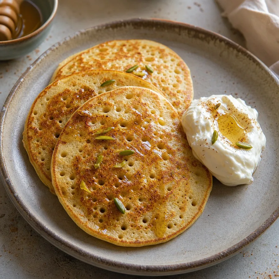 Emirati Chebab Cardamom Pancakes with Labneh, finished dish