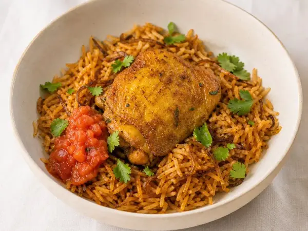 Emirati Chicken Machboos with daqoos tomato sauce